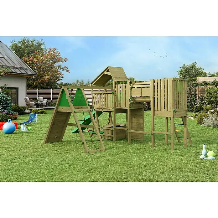 Funky Combo Kinderspielturm Cosmix Rocker - L x B x H: 534 x 367 x 276,5 cm, Kesseldruckimprägniert - Ein hölzernes Spielhaus mit Rutsche und Kletterwand steht auf einem grünen Rasen, ideal für Kinder zum Spielen im Freien.