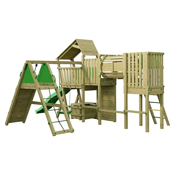 Funky Combo Kinderspielturm Cosmix Rocker - L x B x H: 534 x 367 x 276,5 cm, Kesseldruckimprägniert - Hölzerner Spielturm mit grüner Rutsche, Schaukeln und Klettergerüsten. Verfügt über mehrere Podeste und ein Dach.