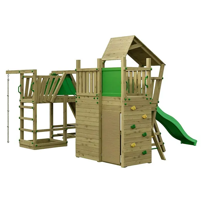 Funky Combo Kinderspielturm Dreamland - L x B x H: 380,5 x 435 x 276,5 cm, Kesseldruckimprägniert - Hölzernes Outdoor-Spielplatzgerät mit grüner Rutsche, Kletterwand, Leiter und Seil. Mehrstufiger Turmaufbau.