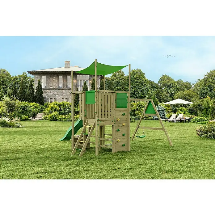Funky Combo Kinderspielturm Multirex - L x B x H: 435 x 429 x 320 cm, Kesseldruckimprägniert - Eine detailreiche Ansicht eines KidKraft Holz-Spielsets mit Schaukel, Kletterwand und Rutsche im Garten.