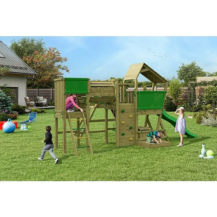 Funky Combo Kinderspielturm Cosmix Rocker - L x B x H: 534 x 367 x 276,5 cm, Kesseldruckimprägniert - Ein detailreiches Bild eines hölzernen Spielturms mit Kindern, der zum Spielen und Spaßhaben in einem Garten einlädt.