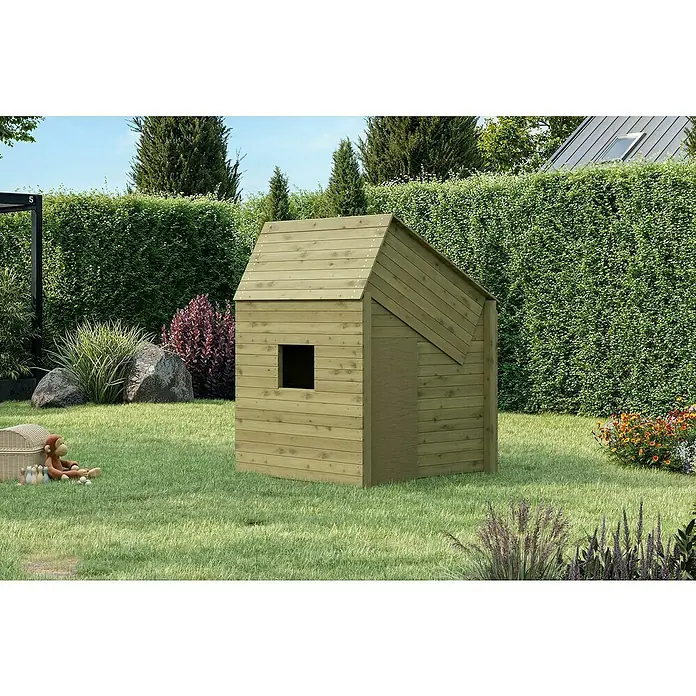 Funky Combo Kinderspielturm Homebase - L x B x H: 140 x 140 x 196,5 cm, Kesseldruckimprägniert - Eine niedliche Holzhütte im Garten. Perfekt zum Spielen und Verstecken, umgeben von Grün. Kindertraum im Grünen!