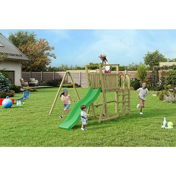 Funky Combo Kinderspielturm Gordon - Kesseldruckimprägniert - Kinder spielen auf einem hölzernen Spielplatz mit Rutsche, Schaukel und Klettergerüst im Garten. Ein Paradies für Kinder!