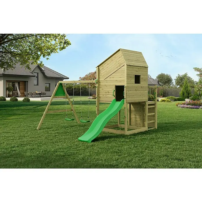 Funky Combo Kinderspielturm Smarthouse Swing - Kesseldruckimprägniert - Holzspielhaus mit Schaukel und Rutsche im Garten. Das naturbelassene Spielhaus bietet Kindern vielseitigen Spielspaß im Freien.