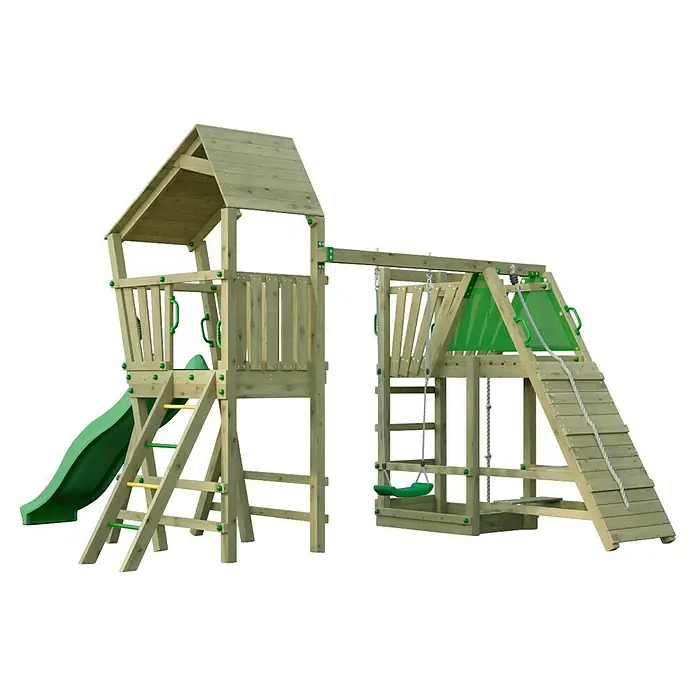Funky Combo Kinderspielturm Flea Monster - L x B x H: 410 x 433 x 276,5 cm, Kesseldruckimprägniert - Hölzernes Outdoor-Spielset mit grüner Rutsche, Schaukeln, Kletterwand und Spielturm für Kinder.