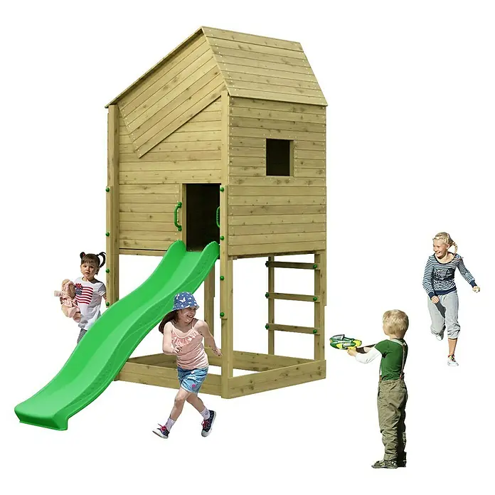 Funky Combo Kinderspielturm Lighthouse - L x B x H: 140 x 313 x 311 cm, Kesseldruckimprägniert - Hölzernes Spielhaus mit grüner Rutsche, um das Kinder fröhlich spielen.