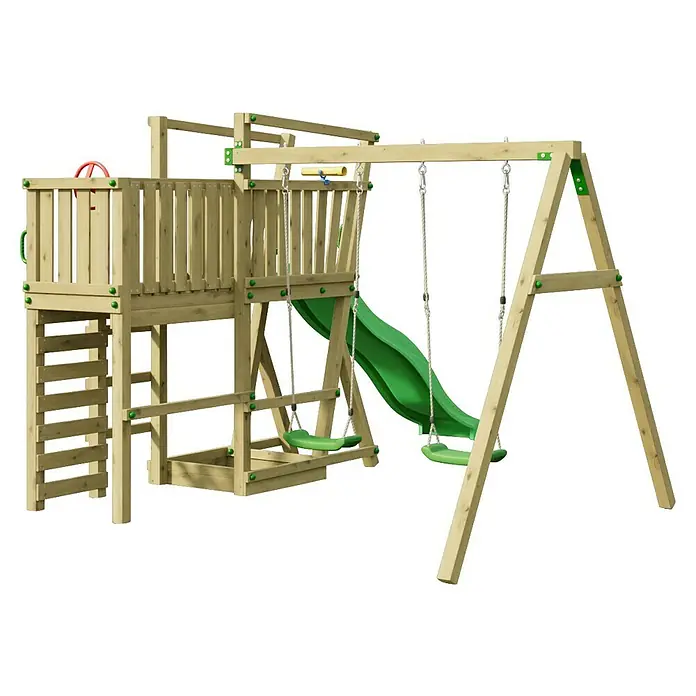 Funky Combo Kinderspielturm Gordon - Kesseldruckimprägniert - Hölzerner Spielplatz mit grüner Rutsche und Schaukeln. Mit Kletterleiter und erhöhter Plattform für Kinder.