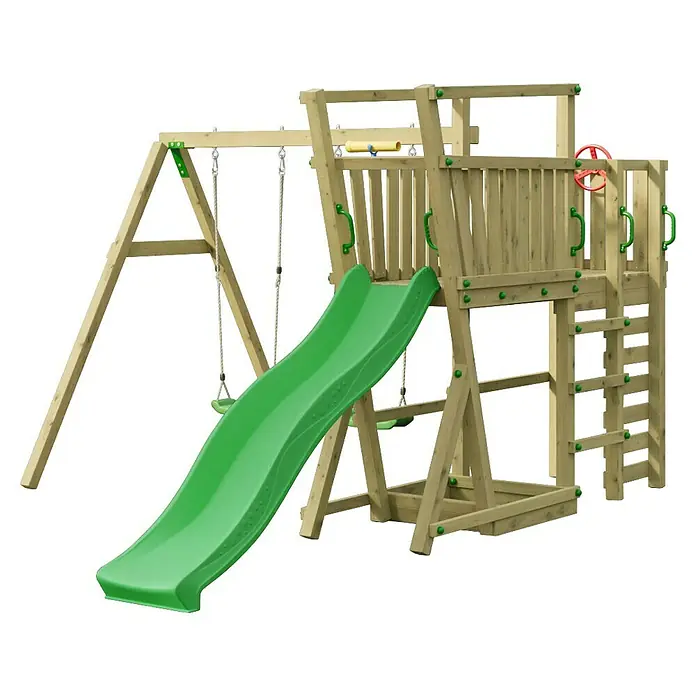 Funky Combo Kinderspielturm Gordon - Kesseldruckimprägniert - Spielturm aus Holz mit grüner Rutsche, zwei Schaukeln, Leiter und rotem Steuerrad für Kinderspielplätze.