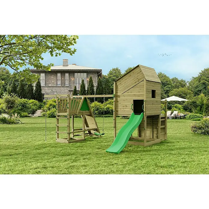 Funky Combo Kinderspielturm Smarthouse Monster - L x B x H: 422,5 x 386 x 311 cm, Kesseldruckimprägniert - Holzspielplatz mit Turm, Rutsche und Schaukel für Kinder zum Spielen und Toben im Garten. Perfekt für aktive Outdoor-Unterhaltung.