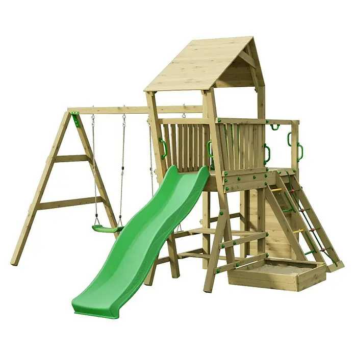 Funky Combo Kinderspielturm Camel - Kesseldruckimprägniert - Spielturm aus Holz mit grüner Rutsche, Schaukeln, Kletterleiter und Sandkasten.