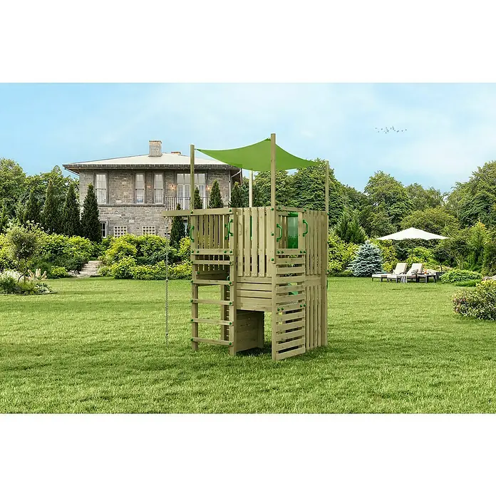 Funky Combo Kinderspielturm Labyrinth - L x B x H: 327 x 213 x 320 cm, Kesseldruckimprägniert - Dieser einladende Garten verfügt über ein mehrstufiges Klettergerüst aus Holz mit grünen Akzenten für Spiel und Spaß im Freien.