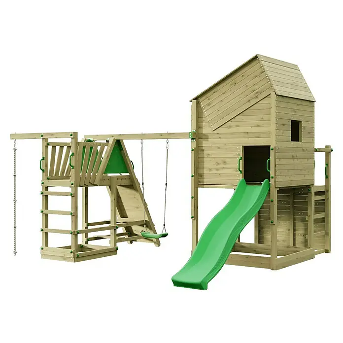 Funky Combo Kinderspielturm Smarthouse Monster - L x B x H: 422,5 x 386 x 311 cm, Kesseldruckimprägniert - Holzspielplatz für den Garten mit grüner Rutsche, Kletterwand, Spielhaus und zwei Schaukeln.