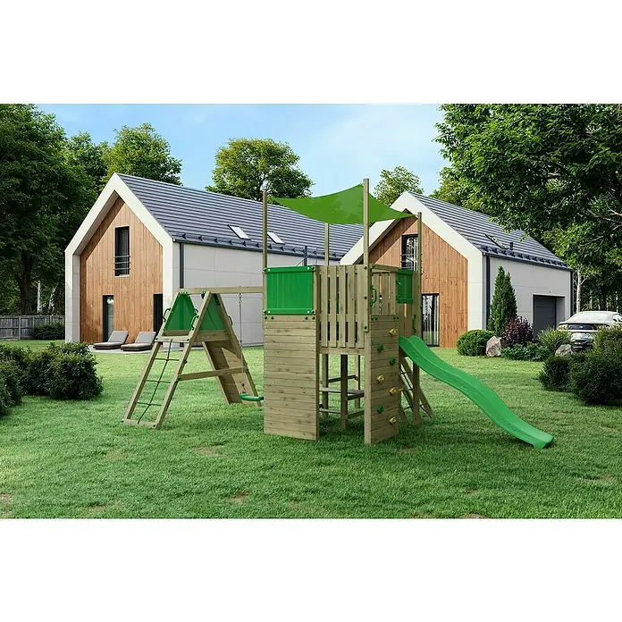 Funky Combo Kinderspielturm Space Rocker - L x B x H: 541 x 307,5 x 320 cm, Kesseldruckimprägniert - Ein hölzerner Spielplatz mit Rutsche, Schaukel und Kletterwand im Garten. Ideal für Kinder, um sich auszutoben.