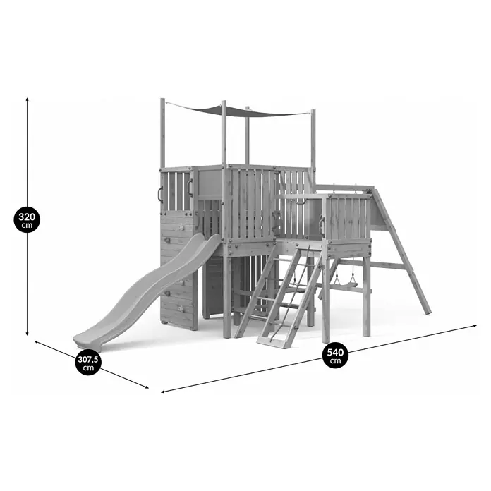 Funky Combo Kinderspielturm Challenge - Kesseldruckimprägniert - Großes Holzspielplatz-Set für Kinder mit Rutschen, Leitern, Kletterwand und Schaukeln. Maße: 320x540x307.5 cm.