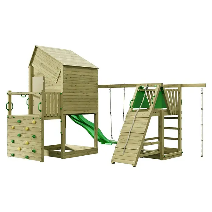 Funky Combo Kinderspielturm Smarthouse Monster - L x B x H: 422,5 x 386 x 311 cm, Kesseldruckimprägniert - Hölzernes Outdoor-Spielgerüst mit Spielhaus, grüner Rutsche, Kletterwand, Schaukeln und Strickleiter.