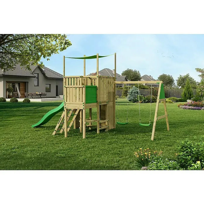 Funky Combo Kinderspielturm Challenge - Kesseldruckimprägniert - Ein hölzerner Spielplatz mit Rutsche und Schaukeln im Garten, ideal für Kinder zum Spielen im Freien.