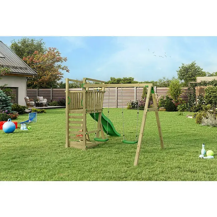 Funky Combo Kinderspielturm Snow - L x B x H: 410 x 282 x 220 cm, Kesseldruckimprägniert - Ein hölzerner Spielplatz mit Schaukeln und einer Rutsche steht in einem Garten.