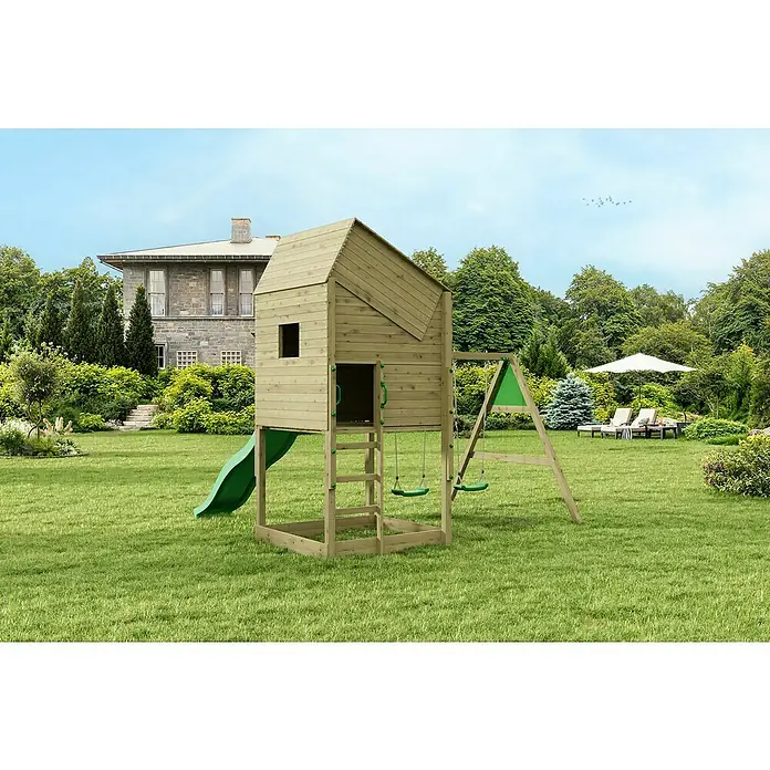 Funky Combo Kinderspielturm Lighthouse Swing - L x B x H: 353 x 313 x 311 cm, Kesseldruckimprägniert - Eine hölzerne Kinderspielanlage mit Rutsche, Schaukeln und einem kleinen Haus im Garten. Perfekt für stundenlangen Spielspaß im Freien.