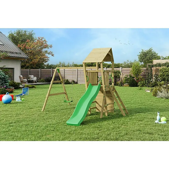Funky Combo Kinderspielturm Monkey - L x B x H: 410 x 363 x 276,5 cm, Kesseldruckimprägniert - Ein hölzerner Spielplatz mit Schaukel und Rutsche, ideal für stundenlangen Spaß im Garten. Das robuste Design sorgt für Sicherheit.