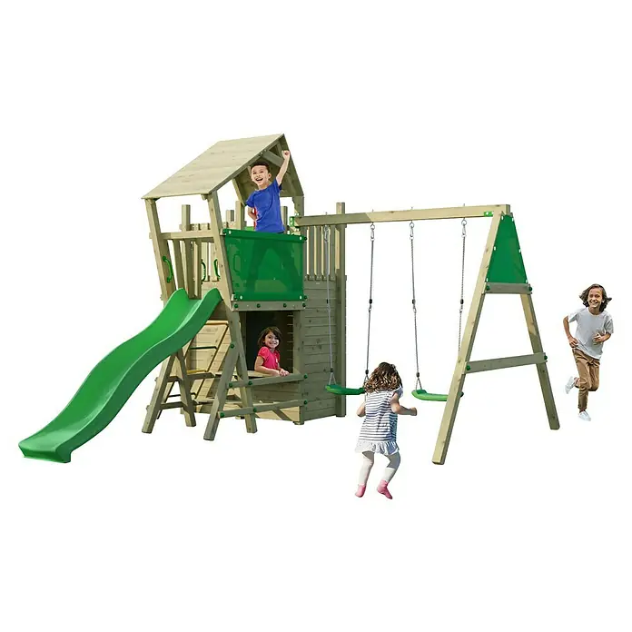 Funky Combo Kinderspielturm 5Star - L x B x H: 393,5 x 276,5 x 276,5 cm, Kesseldruckimprägniert - Holzspielplatz mit grüner Rutsche, Spielturm und Doppelschaukel, von Kindern genutzt.