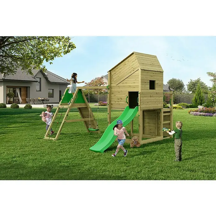 Funky Combo Kinderspielturm Smarthouse Rocket - L x B x H: 353 x 386 x 311 cm, Kesseldruckimprägniert - Ein hölzernes Kinderspielhaus mit Rutsche, Schaukel und Kletterwand steht im Garten, umgeben von spielenden Kindern und grüner Natur.