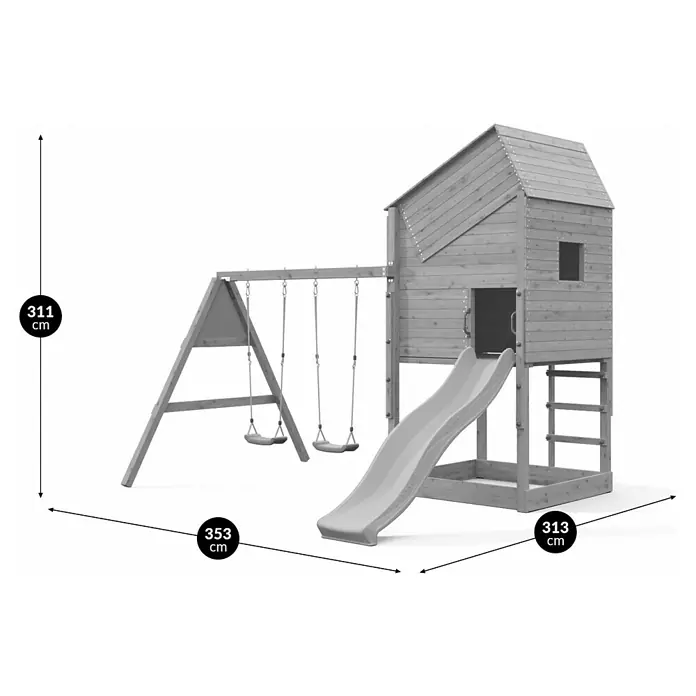 Funky Combo Kinderspielturm Lighthouse Swing - L x B x H: 353 x 313 x 311 cm, Kesseldruckimprägniert - Spielturm aus Holz mit Rutsche & Schaukeln. Maße: H 311 cm, B 353 cm, T 313 cm.