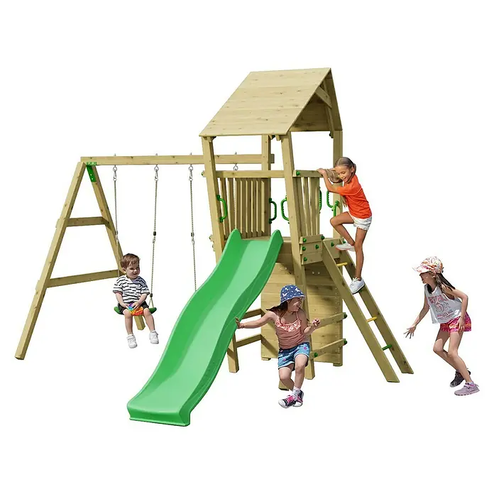 Funky Combo Kinderspielturm Monkey - L x B x H: 410 x 363 x 276,5 cm, Kesseldruckimprägniert - Hölzernes Spielgerüst mit grüner Rutsche, Schaukeln und Kletterrahmen, von Kindern genutzt.