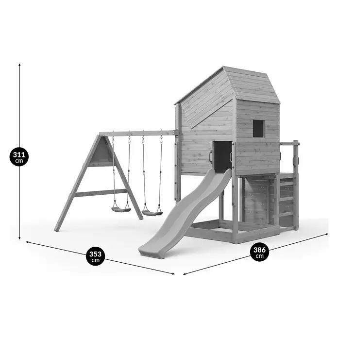 Funky Combo Kinderspielturm Smarthouse Swing - Kesseldruckimprägniert - Hölzerner Spielplatz mit Spielhaus, grauer Rutsche und Doppelschaukel für Kinder.