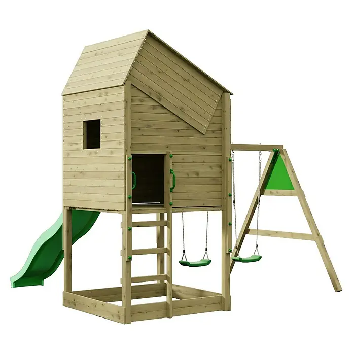 Funky Combo Kinderspielturm Lighthouse Swing - L x B x H: 353 x 313 x 311 cm, Kesseldruckimprägniert - Holzspielturm mit grüner Rutsche und zwei Schaukeln für den Spielplatz.