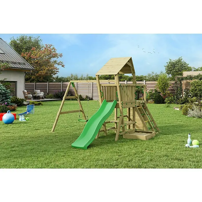 Funky Combo Kinderspielturm Camel - Kesseldruckimprägniert - Ein hölzernes Spielgerät mit Schaukel und Rutsche im Garten, perfekt für Kinder zum Spielen und Spaß haben im Freien.