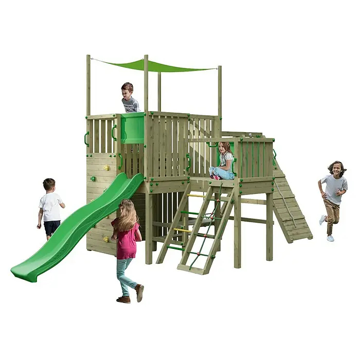 Funky Combo Kinderspielturm Space Rocker - L x B x H: 541 x 307,5 x 320 cm, Kesseldruckimprägniert - Hölzernes Outdoor-Spielgerät mit grüner Rutsche, Kletterwand, Leitern und Sonnendach, von Kindern genutzt.