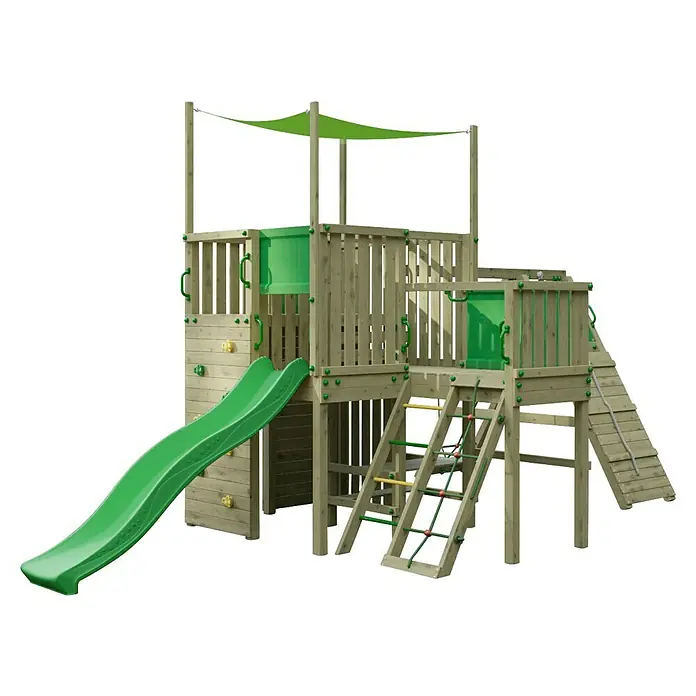 Funky Combo Kinderspielturm Space Rocker - L x B x H: 541 x 307,5 x 320 cm, Kesseldruckimprägniert - Holzspielplatz mit grüner Rutsche, Kletterwand und Leitern, mit grünem Sonnensegel.