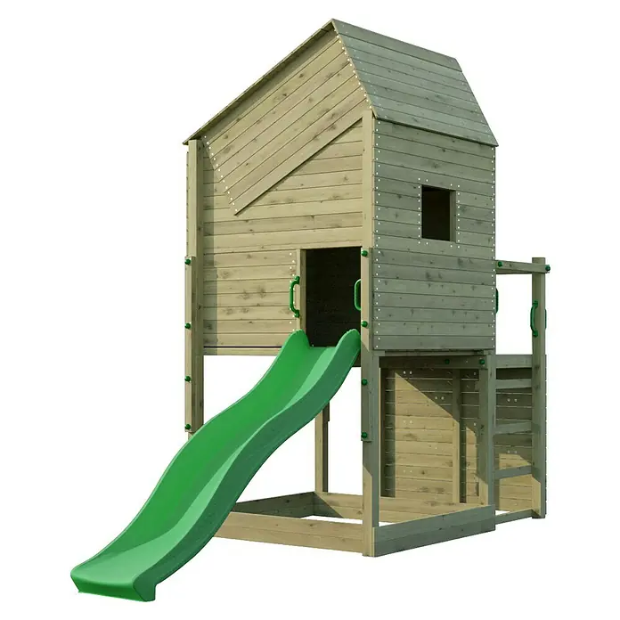 Funky Combo Kinderspielturm Smarthouse - L x B x H: 140 x 385 x 311 cm, Kesseldruckimprägniert - Hölzernes Spielhaus mit Satteldach und grüner Rutsche für den Outdoor-Spielplatz.