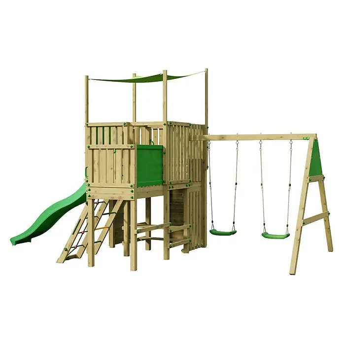 Funky Combo Kinderspielturm Challenge - Kesseldruckimprägniert - Hölzernes Spielplatzset mit grüner Rutsche, Schaukeln und erhöhter Plattform mit grünem Dach.