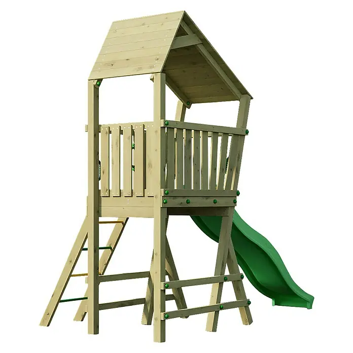 Funky Combo Kinderspielturm Flea - L x B x H: 285 x 151 x 276,5 cm, Kesseldruckimprägniert - Helles Holzspielhaus mit Leiter und grüner Rutsche.
