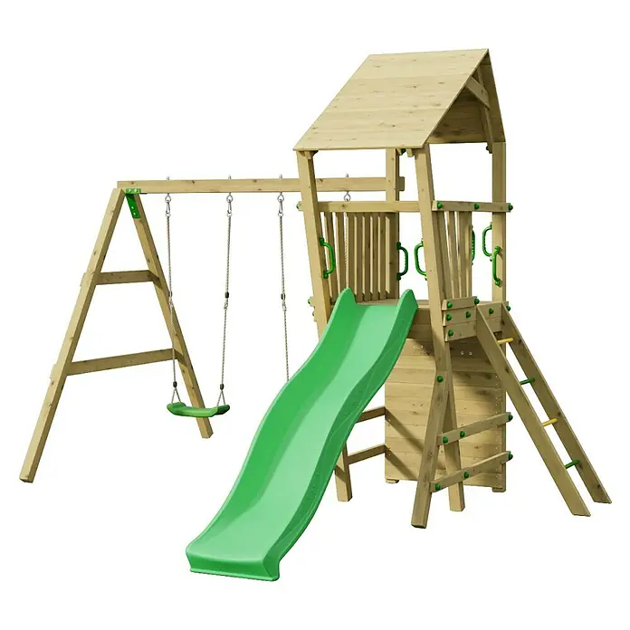 Funky Combo Kinderspielturm Monkey - L x B x H: 410 x 363 x 276,5 cm, Kesseldruckimprägniert - Holzspielplatz-Set mit grüner Rutsche und zwei Schaukeln.