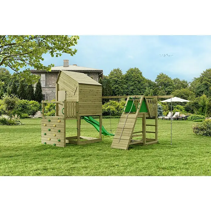 Funky Combo Kinderspielturm Smarthouse Monster - L x B x H: 422,5 x 386 x 311 cm, Kesseldruckimprägniert - Ein detailreiches Bild eines farbenfrohen Holzspielhauses mit Kletterwand, Schaukel und Rutsche in einem Garten.