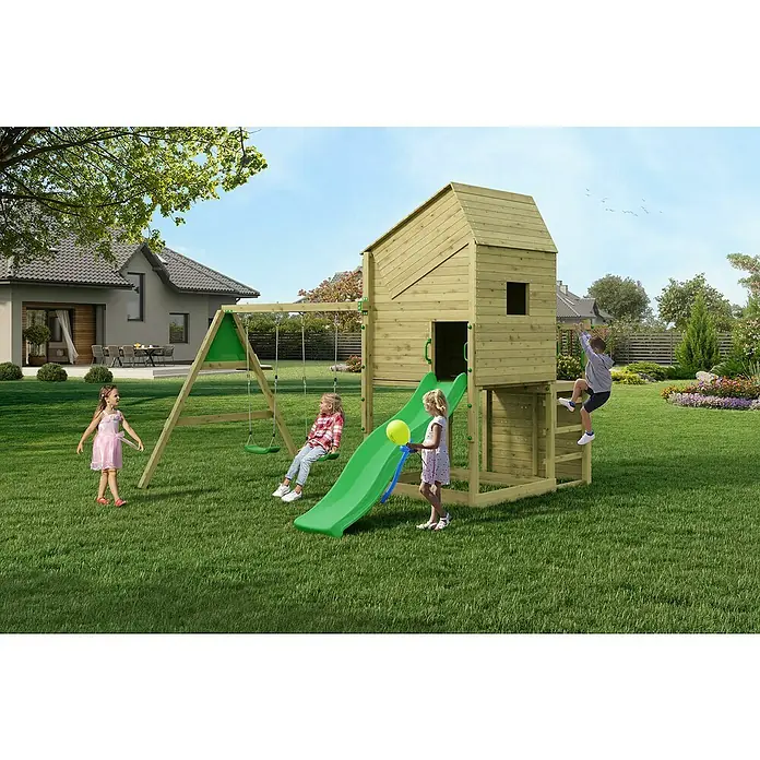 Funky Combo Kinderspielturm Smarthouse Swing - Kesseldruckimprägniert - Ein Kinderspielhaus mit Schaukel, Rutsche und Kletterwand bietet vielseitigen Spaß im Garten für aktive Kinder.