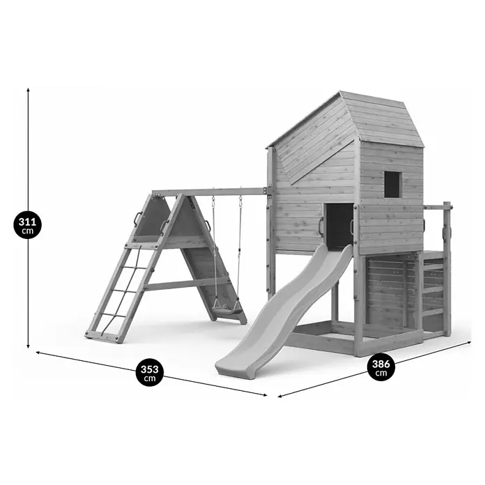 Funky Combo Kinderspielturm Smarthouse Rocket - L x B x H: 353 x 386 x 311 cm, Kesseldruckimprägniert - Hölzernes Kinderspielset mit Haus, Rutsche und Schaukel, Maße: 311 H x 353 B x 386 T cm.