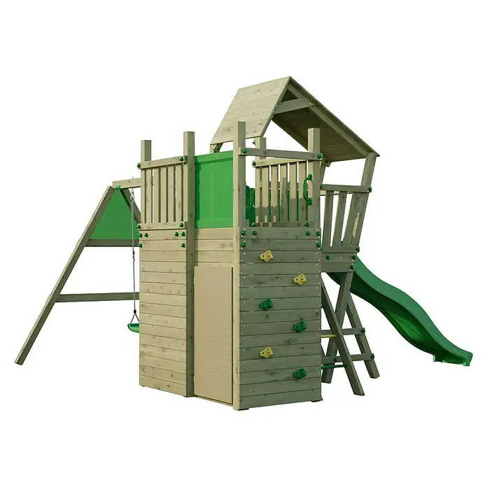 Funky Combo Kinderspielturm 5Star - L x B x H: 393,5 x 276,5 x 276,5 cm, Kesseldruckimprägniert - Hölzerner Outdoor-Spielturm mit grüner Rutsche, Schaukel, Kletterwand und erhöhtem Spielhaus mit Dach.