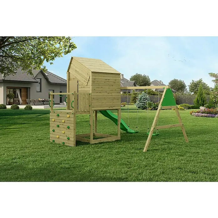 Funky Combo Kinderspielturm Smarthouse Swing - Kesseldruckimprägniert - Bild eines Holzspielplatzes mit Kletterwand, Rutsche und Schaukel im Garten. Ideal für Kinder zum Spielen und Austoben im Freien.