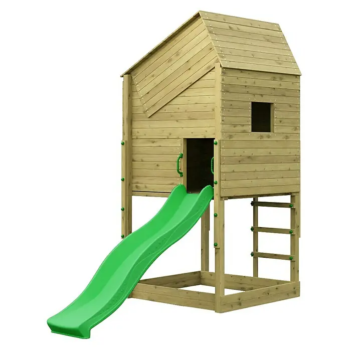 Funky Combo Kinderspielturm Homebase - L x B x H: 140 x 140 x 196,5 cm, Kesseldruckimprägniert - Holzspielhaus mit hellgrüner Kunststoffrutsche und Leiter für Kinder im Freien.
