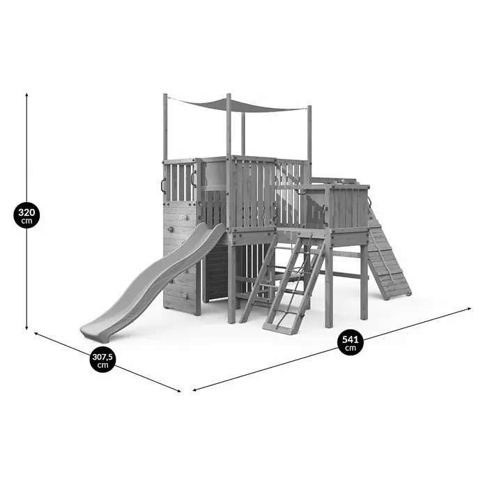 Funky Combo Kinderspielturm Space Rocker - L x B x H: 541 x 307,5 x 320 cm, Kesseldruckimprägniert - Mehrstöckiges Holzspielgerüst mit Rutsche, Kletterwand, Leitern und Sonnendach, Maße 320x541x307,5 cm.