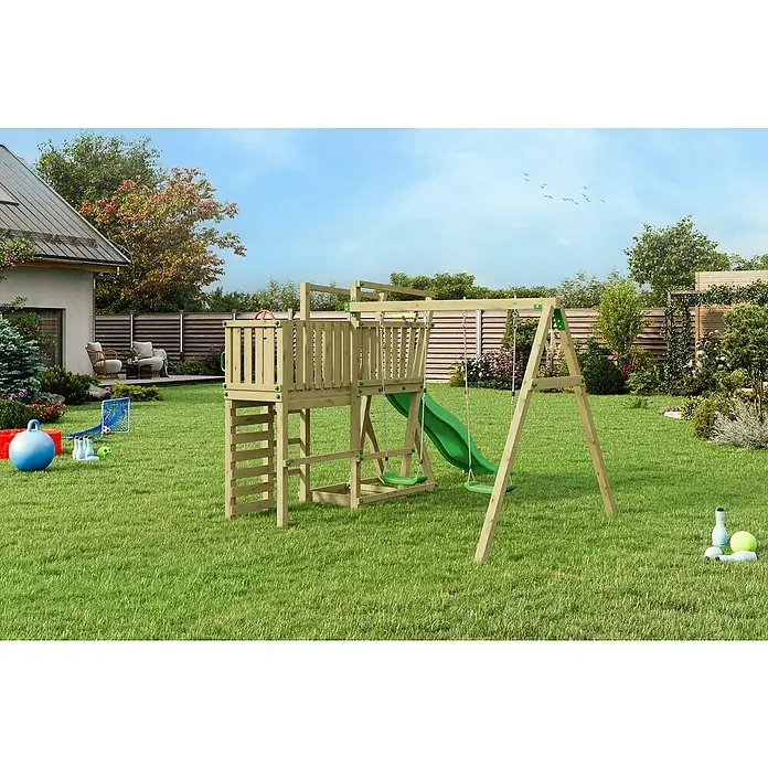 Funky Combo Kinderspielturm Gordon - Kesseldruckimprägniert - Ein hölzerner Spielplatz mit Rutsche, Schaukeln und Klettergerüst steht im Garten. Ideal für Kinder zum Spielen und Spaß haben.