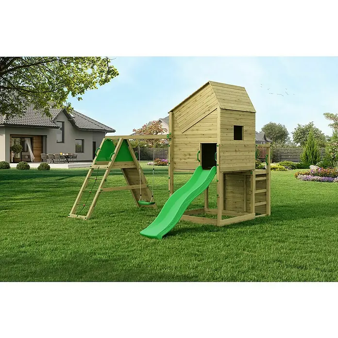 Funky Combo Kinderspielturm Smarthouse Rocket - L x B x H: 353 x 386 x 311 cm, Kesseldruckimprägniert - Ein hölzernes Spielhaus mit Rutsche und Schaukel auf einem grünen Rasen im Garten. Das Spielhaus bietet Kindern vielfältige Spielmöglichkeiten.