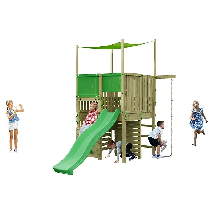 Funky Combo Kinderspielturm Labyrinth - L x B x H: 327 x 213 x 320 cm, Kesseldruckimprägniert - Hölzernes Klettergerüst mit grüner Rutsche und Vordach, auf dem Kinder spielen.