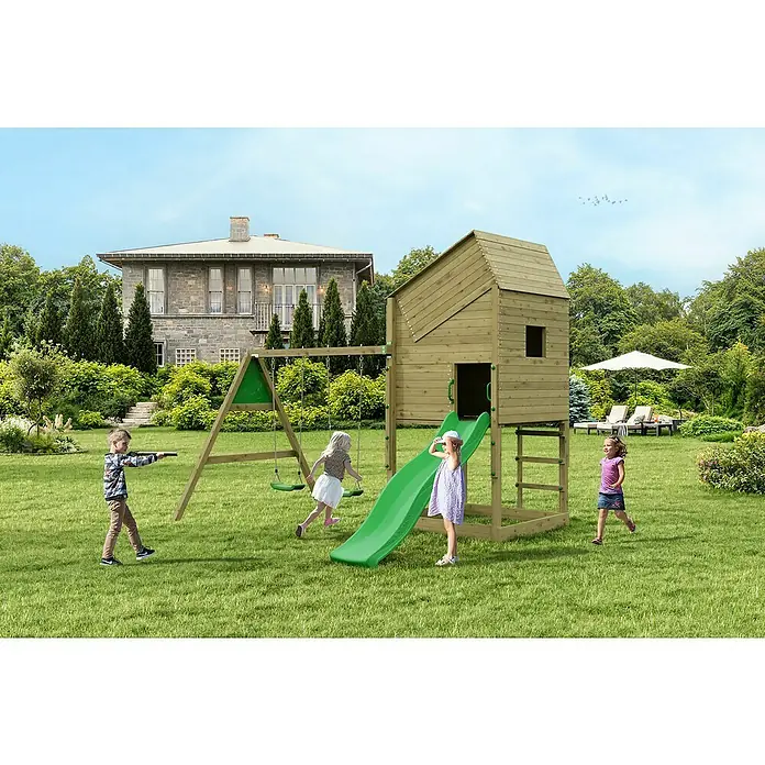 Funky Combo Kinderspielturm Lighthouse Swing - L x B x H: 353 x 313 x 311 cm, Kesseldruckimprägniert - Kinder spielen auf einem Outdoor-Spielplatz mit Schaukel und Rutsche aus Holz mit einem Spielhaus im Garten.