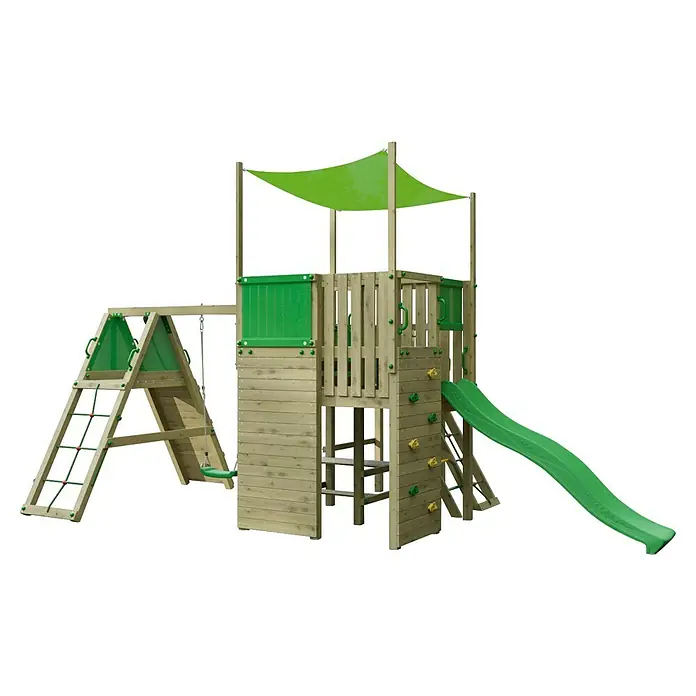 Funky Combo Kinderspielturm Space Rocker - L x B x H: 541 x 307,5 x 320 cm, Kesseldruckimprägniert - Hölzerner Spielplatz mit grüner Rutsche, Schaukel, Kletterwand und Sonnendach.