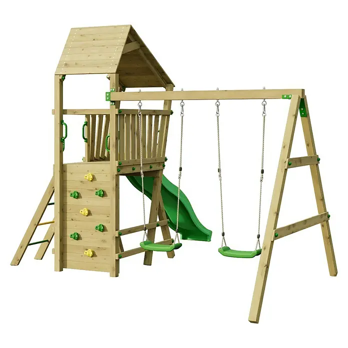 Funky Combo Kinderspielturm Monkey - L x B x H: 410 x 363 x 276,5 cm, Kesseldruckimprägniert - Holzspielplatz mit Turm, grüner Rutsche, Kletterwand und zwei Schaukeln.