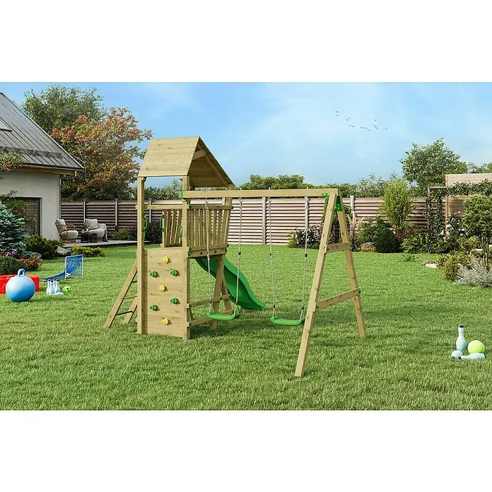 Funky Combo Kinderspielturm Monkey - L x B x H: 410 x 363 x 276,5 cm, Kesseldruckimprägniert - Holzspielplatz mit Schaukeln, Rutsche und Kletterwand im Garten. Ideal für Kinder zum Spielen und Austoben im Freien.